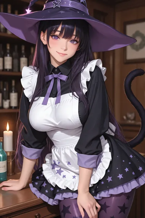 Highest Quality、high image quality、big boobs、masterpiece、shallow depth of field、HDR effects 、A scene where a little witch girl arranges medicinal herbs and bottles and practices magic。A black cat is in a hurry when turning the bottle upside down on the des...