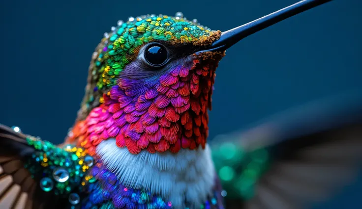 Close-up of a hummingbird, displays iridescent plumage that sparkles vividly with a range of vibrant colors. Bird's head decorated with shimmering scales with emerald green and sapphire, turns bright red and purple on the throat and chest. Small drops of w...
