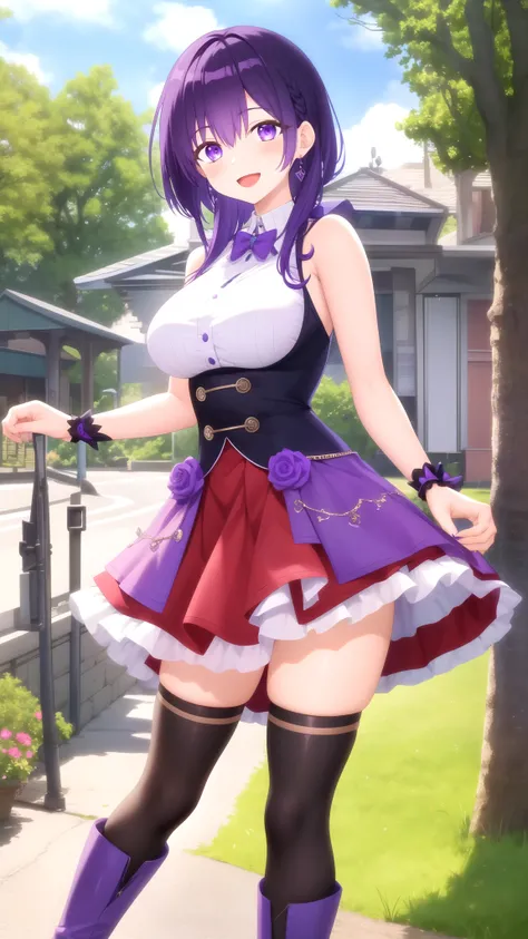 masterpiece, best quality, high quality, girl, solo, looking at viewer,  yuuki_izumi, purple eyes, purple hair, large breasts, sleeveless idol dress, very puffy skirt, flared skirt, thigh highs, heeled boots, standing, smile, open mouth, outdoors