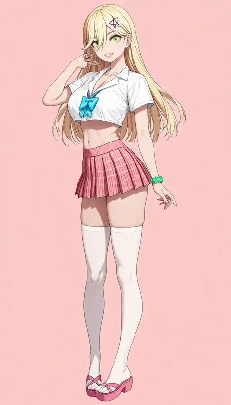 Masterpiece, newest, high contrast, very aesthetic, vibrant, Aria Kisaki, Gyaru, erotic schoolgirl costume, big breast, full length, ultra detailed, highres, best quality, light pink background, cowboy shot, stands sideways, plump lips, slim waist, flat st...