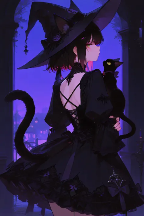 Highest Quality、masterpiece、contrast between light and shadow、Delicate Line Art、Beautiful Colors、super high resolution、One Witch Girl、Hold a black triangular hat in your hand、black cat ears、black cat tail、black gothic dress