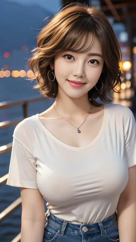 upper body closeup photo　5 anatomically correct fingers　Pretty Korean woman 　((( curly bob hair))) earrings　thin necklace　((Ｔshirt　Jeans )))　Enhancement of breast firmness　　Sensual Body　 cute charming smile　looking at the camera 　At the harbor pier with a ...