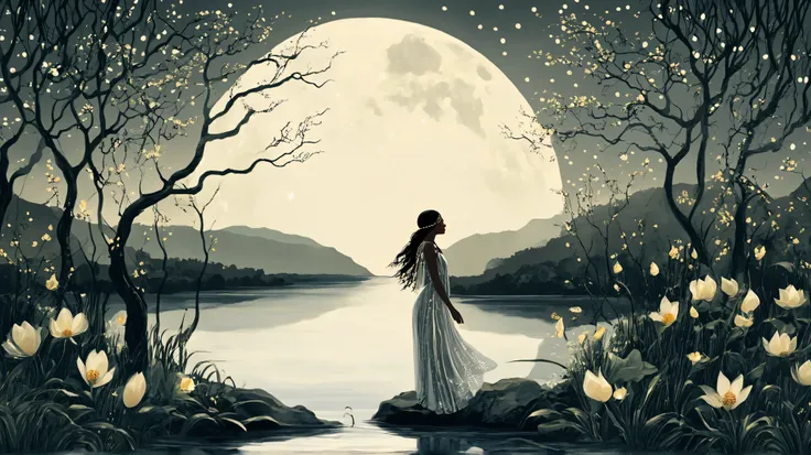 Create a magical and enchanting scene that depicts the story of Naiá, a young indigenous girl in love with the warrior Moon. The image should capture the moment when Naiá plunges into the calm waters of a lake under the moonlight. In the background, the wa...