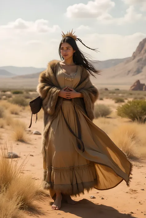 Safe Image Work, 

(Realistic ultra intricately natural landscape),during primitive Prehistoric era,smiling expression,a female primitive tribal bard,,she is wearing simple folk traditional primitive fur long tunic dress, in the desert on the scenery,she i...