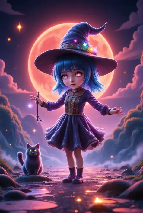 Illumination art,a chibi witch girl mode full power, use hat, glossy shining magic wand, eyes glow, aura explodes from her body. aura random epic color High-detail render, cinematic lighting, volumetric glow, depth of field, good dynamic interacting with b...