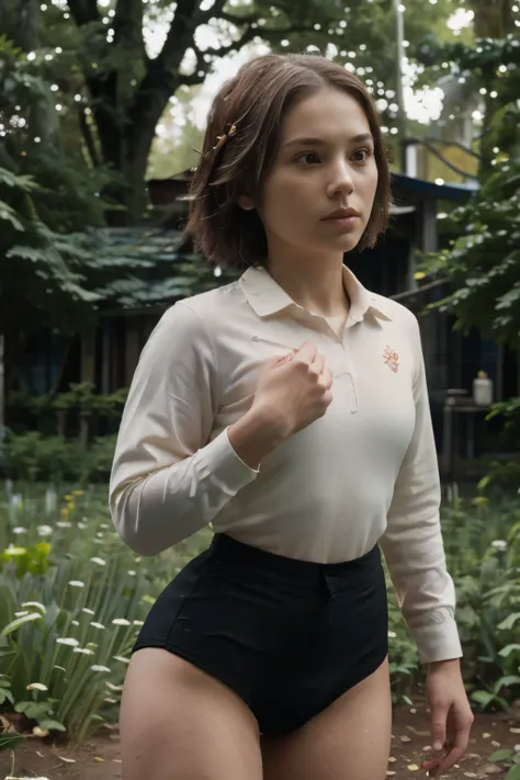 (masterpiece, highest quality), 1 girl, beautiful face, beautiful body,  wearing a Black gymnastics bloomers, High leg、white blouse,    cowboy shot、Are standing、full body portrait、alone, complex details, enlarged textures, complex details, finely detailed ...