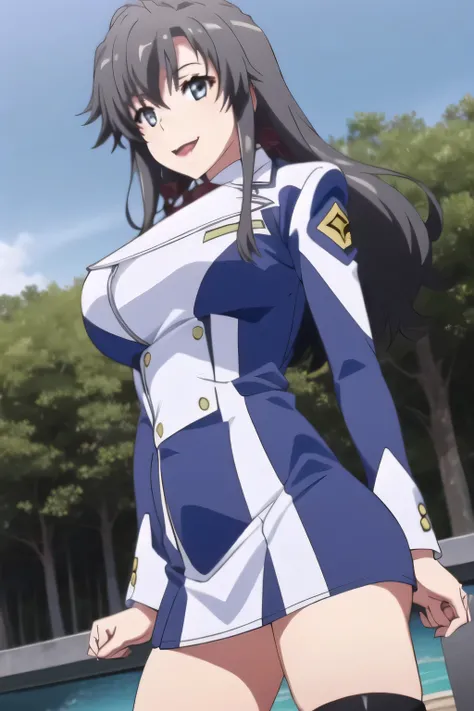 big breasts blue and white women's lightweight military costume,、Miniskirt,wear thigh-high stockings on both legs,boots,,Long Black Hair,smiling Yang,A woman gazing at the ocean,、Don't trim to the top of your face,Can you accurately draw details of human h...