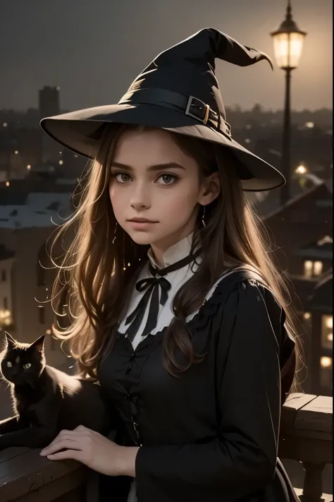 A young witch and her black cat gaze at the stars from a city rooftop, while small spells float through the air like magical fireflies.