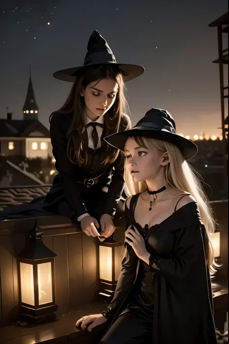 A young witch and her black cat gaze at the stars from a city rooftop, while small spells float through the air like magical fireflies.
