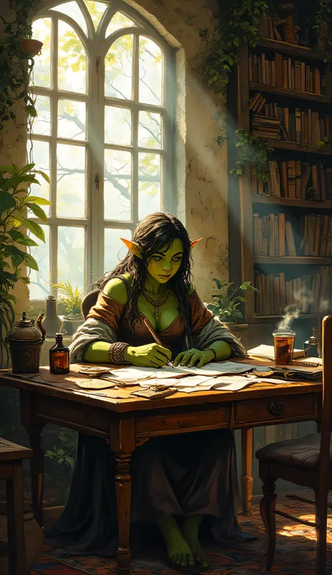 creative female orc writer sitting by a large window with sunlight streaming in. She has green skin, small tusks, and a thoughtful yet inspired expression. Wearing comfortable but elegant clothing, she writes in a leather-bound notebook with a quill pen. H...