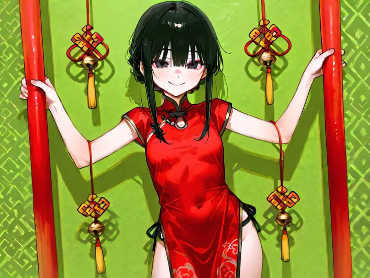 A woman wearing a red dress in the Chinese style of the Ming Dynasty、 Long cloth on hands、young woman's face、Four-bodied、Homeless girl with thin hands and feet 、 Greenish Black Hair 、Woman Up 、Highest Quality、Smile、4K、party venue、Indoor、Interval、 watchin...