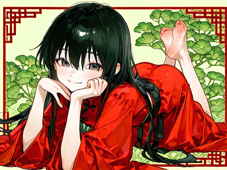 A woman wearing a red dress in the Chinese style of the Ming Dynasty、 Long cloth on hands、young woman's face、Four-bodied、Homeless girl with thin hands and feet 、 Greenish Black Hair 、Woman Up 、Highest Quality、Smile、4K、party venue、Indoor、Interval、 watchin...
