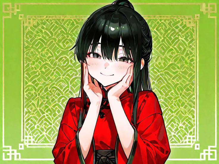 A woman wearing a red dress in the Chinese style of the Ming Dynasty、 Long cloth on hands、young woman's face、Four-bodied、Homeless girl with thin hands and feet 、 Greenish Black Hair 、Woman Up 、Highest Quality、Smile、4K、party venue、Indoor、Interval、 watchin...