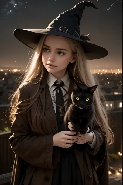 A young witch and her black cat gaze at the stars from a city rooftop, while small spells float through the air like magical fireflies.