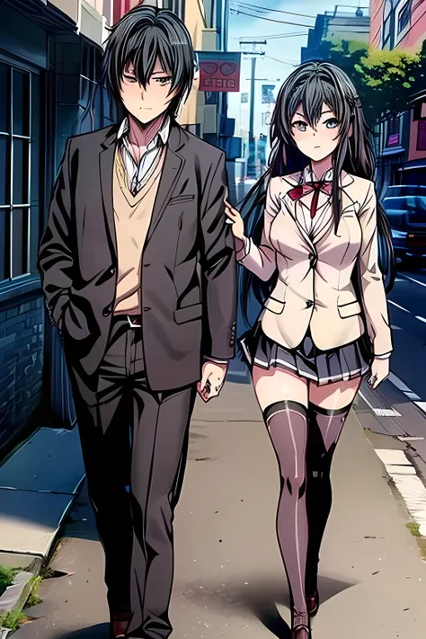 open mouth,1boy and 1girl,cupple,yukinoshita_yukino, long_hair, black_hair, red_ribbon,blue eyes,sobu high school uniform,((uiharu_kazari)),((masterpiece))), ((best quality)), (ultra-detailed), ((an extremely delicate and beautiful)),(unity 8k wallpaper),w...