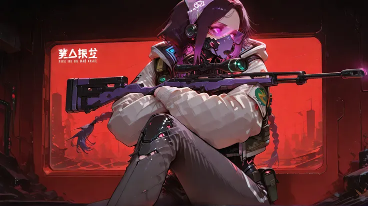 (masterpiece, detailed:1.2),5n1p3r_cr4dl3, holding sniper, sniper on arm, crossed arms,girl,dope android girl in purple mask mirror googles, , biomechanical throat, hoody, black braids, showing tonque, tonic green shadowy dark background ,rich pallete of g...