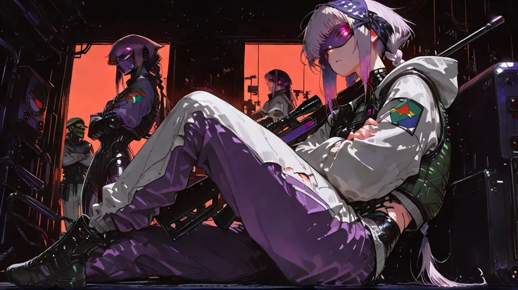 cyber_art_style,(masterpiece, detailed:1.2),5n1p3r_cr4dl3, holding sniper, sniper on arm, crossed arms,girl,dope android girl in purple mask mirror googles, , biomechanical throat, hoody, black braids, showing tonque, tonic green shadowy dark background ,r...