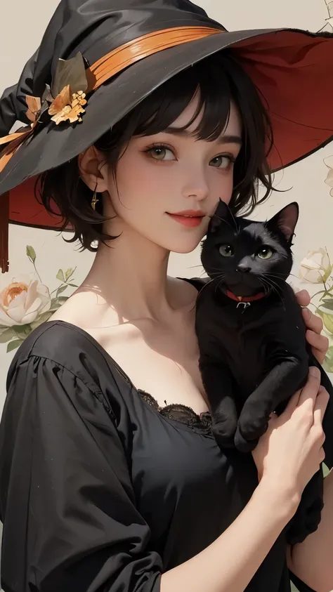 407 (a witch ,a crash helmet),((18 year old woman)),(short hair),(Shortcut),(Neat hair),(Ultra High Definition),( Rembrandt-style painting),(Archaic smile),2025.08.29,((a black cat))