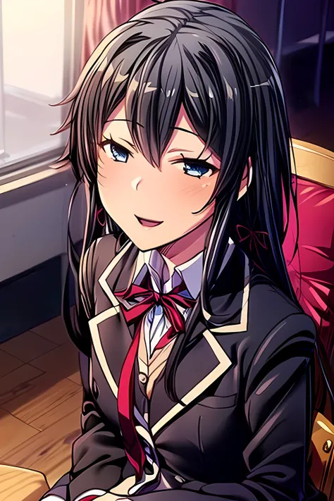 smile,open mouth,yukinoshita_yukino, long_hair, black_hair, red_ribbon,blue eyes,sobu high school uniform,((uiharu_kazari)),((masterpiece))), ((best quality)), (ultra-detailed), ((an extremely delicate and beautiful)),(unity 8k wallpaper),school,sitting ch...