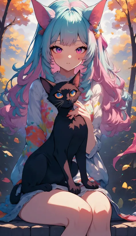 black,Cat and witch,High Quality,Fantasy,real,Portrait,Hi Deteal,4K,Realistic,beautiful,Bokeh,Dramatic,dark,autumn,moonlight,Magical Vibes,front,Sitting,Clear Eyes,pointed ears,Long and slender body type,Flexible Movement,transparent magical energy