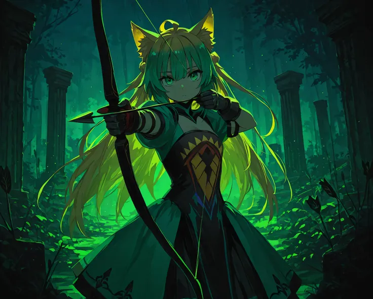 1girl, ahoge, aiming, aiming at viewer, animal ear fluff, animal ears, arrow \(projectile\), atalanta \(fate\), blonde hair, bow \(weapon\), cat ears, closed mouth, drawing bow, dress, gloves, gradient hair, green dress, green eyes, green hair, hair betwee...