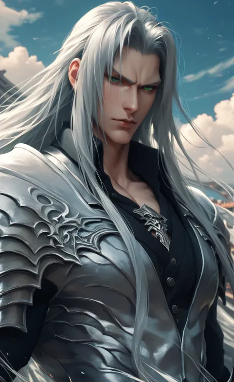 ,1male,solo,Sephiroth from Final Fantasy,long hair,silver hair,green eyes,grim,silver armor,muscle,chinese,1wing,black wing,sky,douluo dalu style,