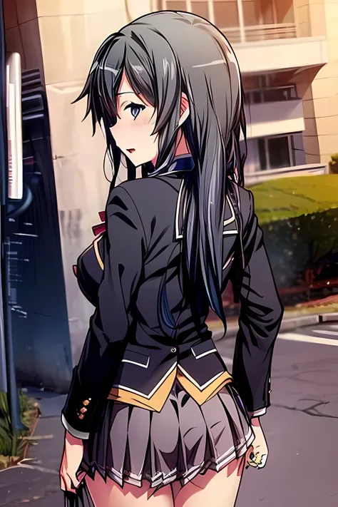 from behind,looking_back,open mouth,yukinoshita_yukino, long_hair, black_hair, red_ribbon,blue eyes,(sobu high school uniform),((uiharu_kazari)),((masterpiece))), ((best quality)), (ultra-detailed), ((an extremely delicate and beautiful)),(unity 8k wallpap...