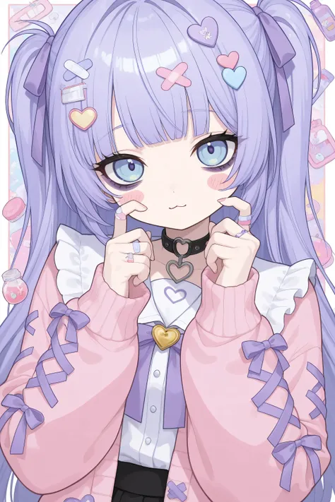 Yellow quilted cardigan, white blouse frilly sleeves, golden heart button, light purple ribbon, twin tail, subculture, cute girl,、pastel hair, pink mesh, perm, bob hair, light blue eyes, cute dreams,pastel, pastel goth, yami kawaii, yami kawaii fashion,1gi...