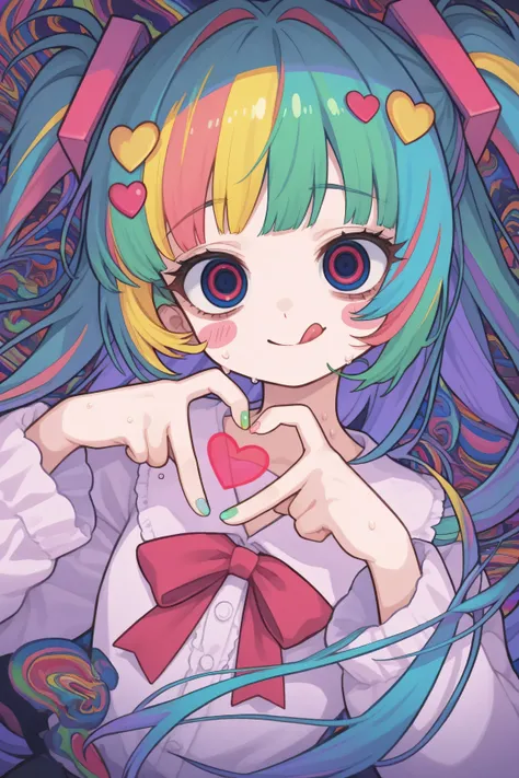 1girl,solo,(dynamic angle:1.4),yandere,cartoon style, high contrast, colorful, cute little girl, loving so much, eccentric love, psychedelic love,heart hands, heart sign by both hands, staring, sweaty,(phollow eyes),lovestruck,licking lips,blush stickers,
...