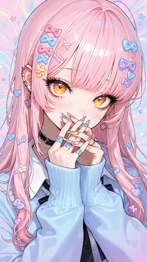 1Girl,solo,long hair,cute eyes,upturned eyes,long eyelashes,gyaru,blush,embarrassed,(covering own mouth),(beautiful eyes),(beautiful hair),(+_+ pupils)
,soft shading,pastel colors, pastel background,nails,beautiful nails,fake nails,nail art,Decoration nail...