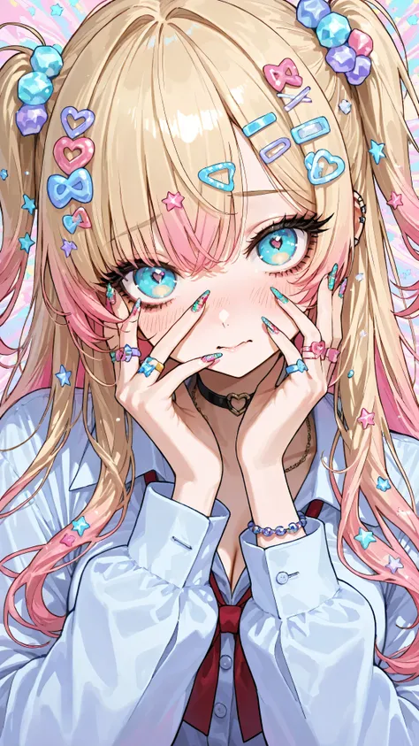 1Girl,solo,long hair,cute eyes,upturned eyes,long eyelashes,gyaru,blush,embarrassed,(facepalm),(beautiful eyes),(beautiful hair),(+_+ pupils),upper body,
,soft shading,,nails,beautiful nails,fake nails,nail art,Decoration nail,beautiful finger,lovestruck,
...
