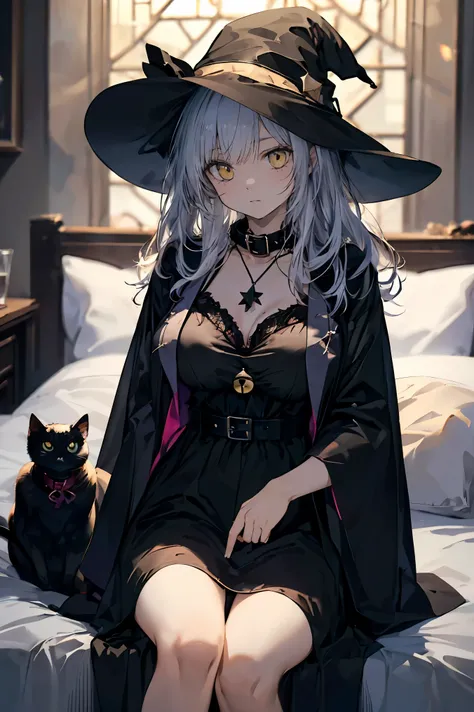 (((Best quality, 8k, Masterpiece: 1.3)), ((best quality)), ((masterpiece)), (detailed), A young wizard girl. She is wearing a black witch hat and black robes. She has a large star-shaped pendant on her chest. She is holding the black cat on her lap, She ha...