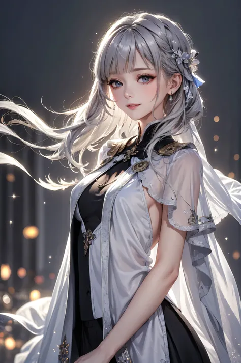 ((upper body:1.3))(masterpiece),(4K),high quality,(small breasts),sexy girl、Sexy Saints , Long Silver Hair ,My skin is white,smile, Beautifully detailed gray eyes, ( high-definition and elegant ),( White Capelet Fashion), magical color and atmosphere, deta...