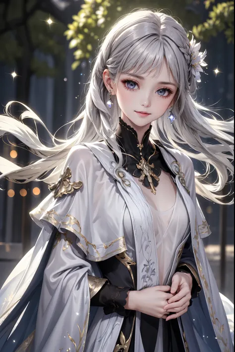 ((upper body:1.3))(masterpiece),(4K),high quality,(small breasts),sexy girl、Sexy Saints , Long Silver Hair ,My skin is white,smile, Beautifully detailed gray eyes, ( high-definition and elegant ),( White Capelet Fashion), magical color and atmosphere, deta...