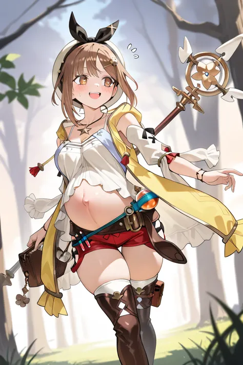 (Best quality, 4k, 8k, high resolution, masterpiece:1.2), ultra detailed, intricate details, beautiful girl, SOLO,  alone, Reisalin "Ryza" Stout from Atelier Ryza, cheerful young alchemist with light brown hair tied in a short side ponytail and amber eyes....