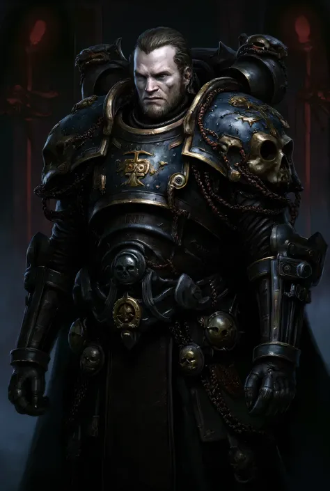 "Willem Dafox Create an avatar of actor Willem Dafoe as a character from Warhammer 40k. It must have a severe and intense expression, with striking features that emphasize his sharp cheekbones and penetrating eyes. Dress it with an elaborate, armor futuris...