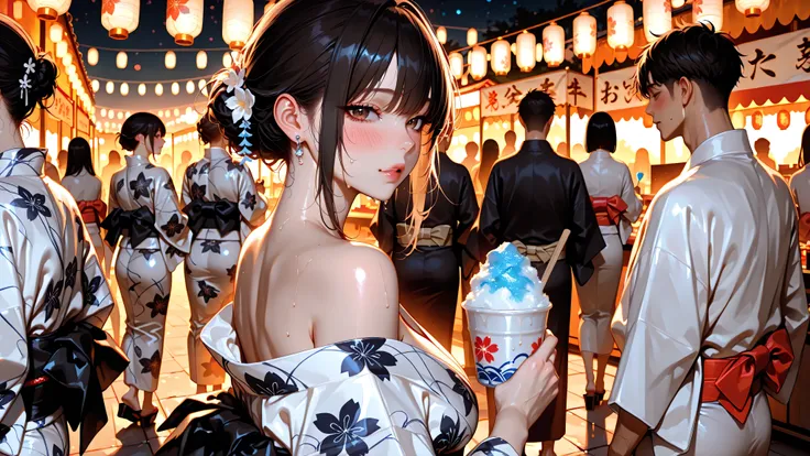 masterpiece、Highest Quality、ultra high definition、Photorealistic、35mm cinematic shot、Full Body、The background of a lively summer festival is softly blurred、shallow depth of field、angle of a slightly constellation from a front-row perspective、Snow Maiden、bl...