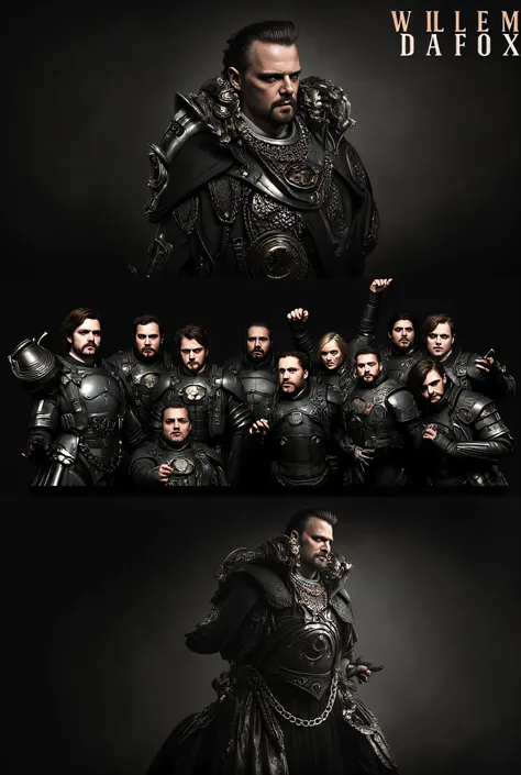 "Willem Dafox Create an avatar of actor Willem Dafoe as a character from Warhammer 40k. It must have a severe and intense expression, with striking features that emphasize his sharp cheekbones and penetrating eyes. Dress it with an elaborate, armor futuris...