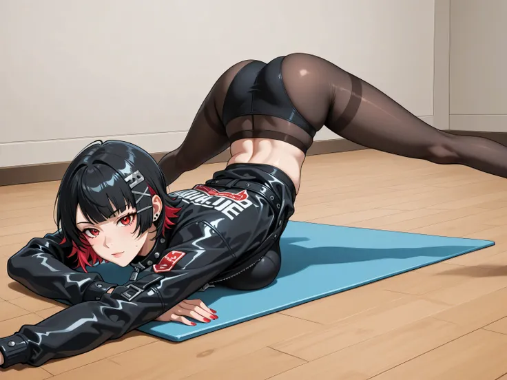 score_9, score_8_up, yoga pose, dynamic pose, ellen joe, 1woman, nylencased:1.5, pantyhose encasement:1.0