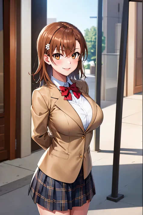 masterpiece, best quality, highres, aamikoto, short hair, hair flower, red bowtie, blazer, brown jacket, long sleeves, plaid skirt, standing, cowboy shot, outdoors,long hair ,large breast ,arms behind back,smile ,thigh,
