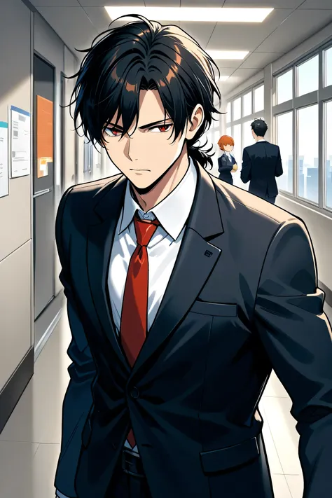 Boy 18 years old ordinary office, office suit with a medium hairstyle, , fights with a monster xerox in the office hallway. office suit in cinnamon color, white shirt, red tie. 