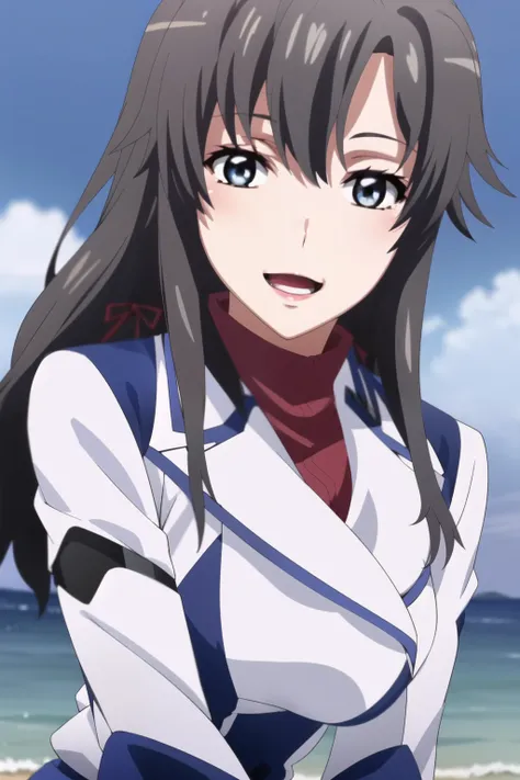 big breasts blue and white lightweight military costume for women,、Miniskirt,wear thigh-high stockings on both legs,boots,,Long Black Hair,smiling Yang,A woman gazing at the ocean,、Don't trim to the top of your face,can you accurately draw details of human...