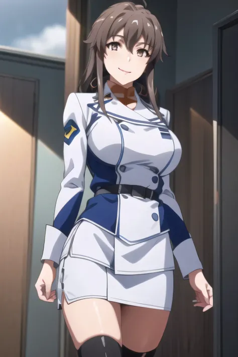 Can you draw a skinny woman wearing a sleeveless big breasted military uniform，can you draw a skinny woman in a blue and white women's lightweight military costume with big breasts {x} {X}，、Miniskirt，wear thigh-high stockings on both legs，boots，,Long Black...