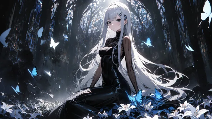 lay on flowers , the Greedy Witch Echidna , silver long thick bushy eyelashes, silver shining glossy silky straight hair, vivid and seductive expression, captivating large black eyes, beautiful eyes , wearing jet black tight long dress, blue butterfly hair...