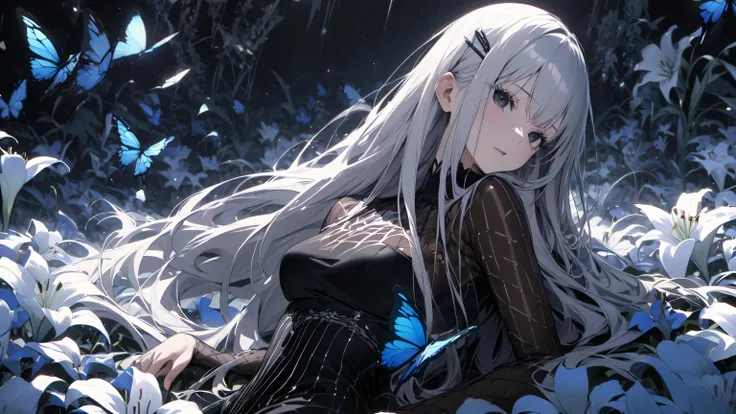 lay on flowers , alone , the Greedy Witch Echidna , silver long thick bushy eyelashes, silver shining glossy silky straight hair, vivid and seductive expression, captivating large black eyes, beautiful eyes , wearing jet black tight long dress, blue butter...