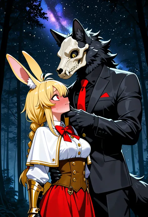 1boy, 1girl, animal ear fluff, animal ears, animal skull, antenna hair, armored dress, armored gloves, black background, black fur, black hair, black gloves, black sclera, black shirt, black suit, blond hair, blush, braided ponytail, breasts, brown corset,...