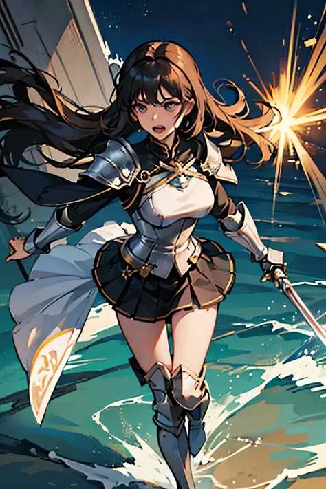Female Knight Looking Down from a Hill,Can you draw a female knight pulling out a holy sword,alone, Sunny,Wave the Holy Sword、,Long Black Hair,Night Armor Arrangement Costume,Long Boots to Protect Legs,Armor Armor,miniskirt costume that makes you look unde...