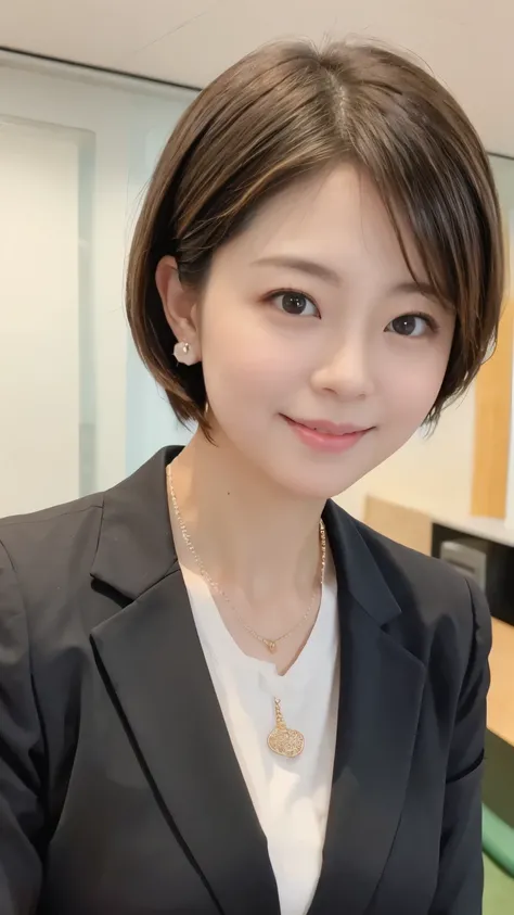Neat Young Woman、looking at the camera、office lady suit、necklace、Ear piercings、Bob Hairstyle、、Smile Yan、The background is a dim room、face close-up、