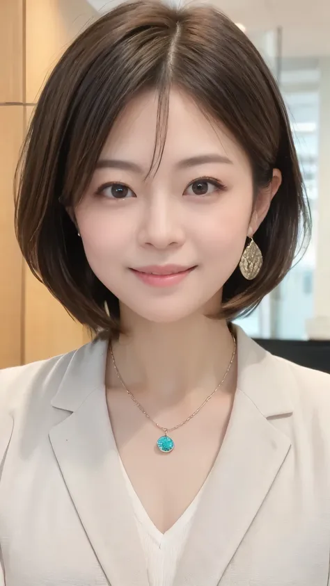 Neat Young Woman、looking at the camera、office lady suit、necklace、Ear piercings、Bob Hairstyle、dark haired、、Smile Yan、The background is a dim room、face close-up、