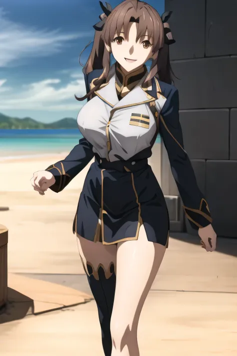 dark-haired woman with twin tails ,Smiling Yang,Dressed in military uniform、Draw a slim woman with a sleeveless and big bust,青と白の女性向けに、 with big breasts、軽量のDressed in military uniformスリムな女性を描いてください {X},、Miniskirt,wear thigh-high stockings on both legs,boot...